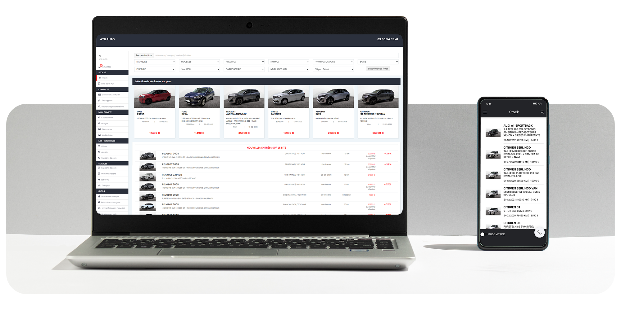 Plateforme ATB Auto accessible sur ordinateur et mobile pour consulter le stock de v&eacute;hicules professionnels