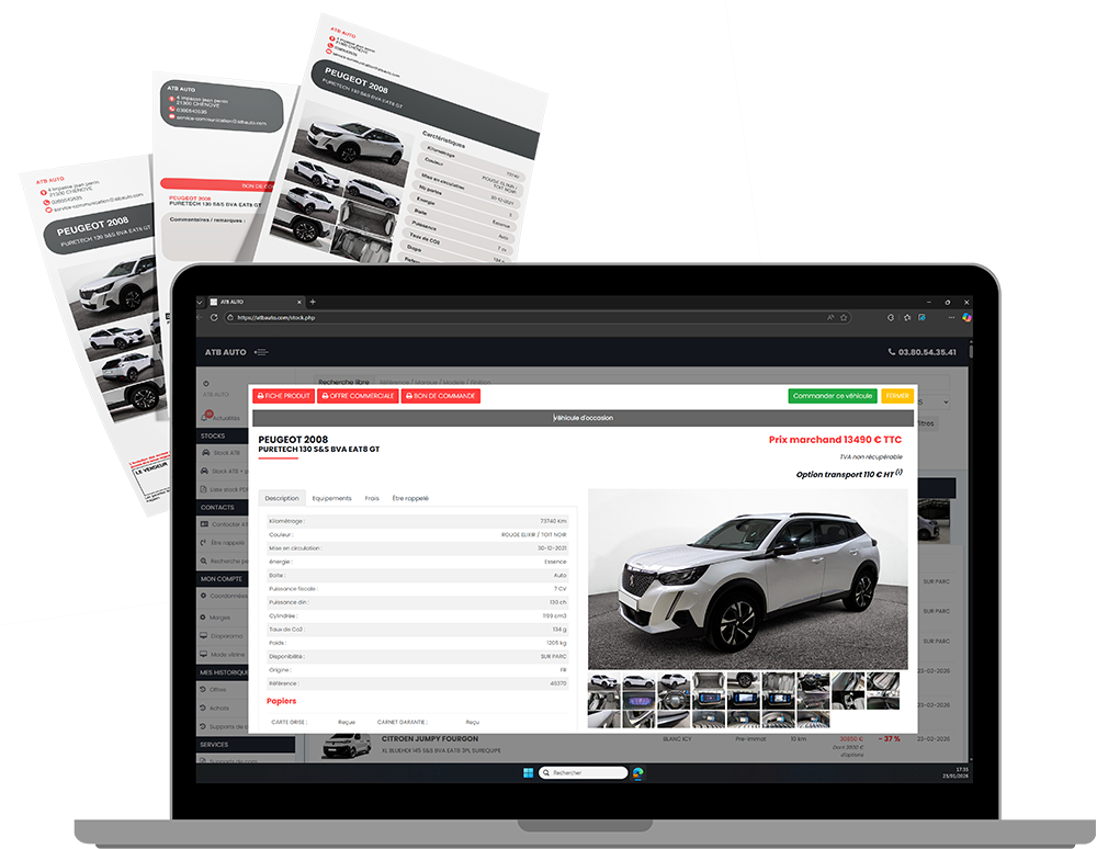 Fiche véhicule avec offre commerciale et bon de commande générés automatiquement pour professionnels de l’automobile