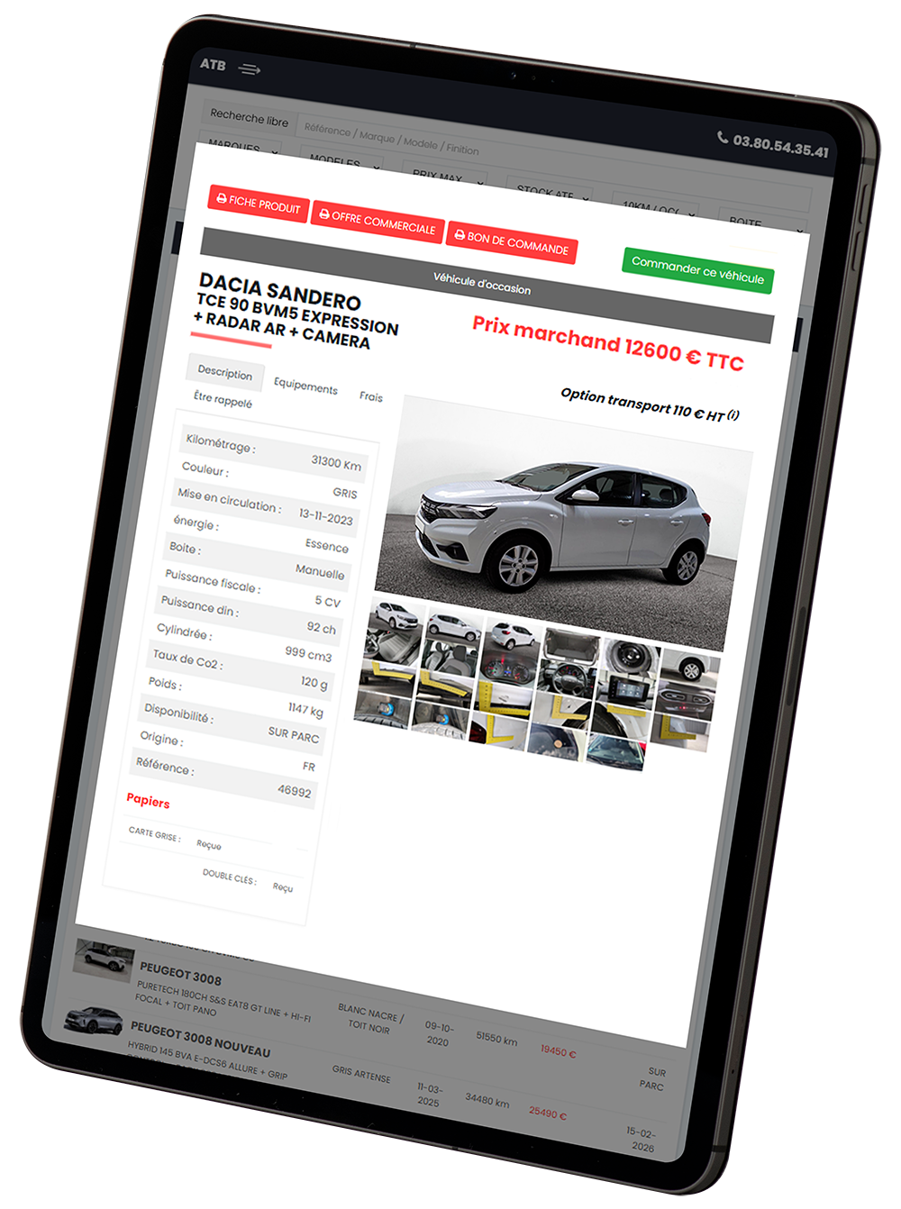 Fiche véhicule détaillée avec réservation et commande en ligne pour professionnels de l’automobile