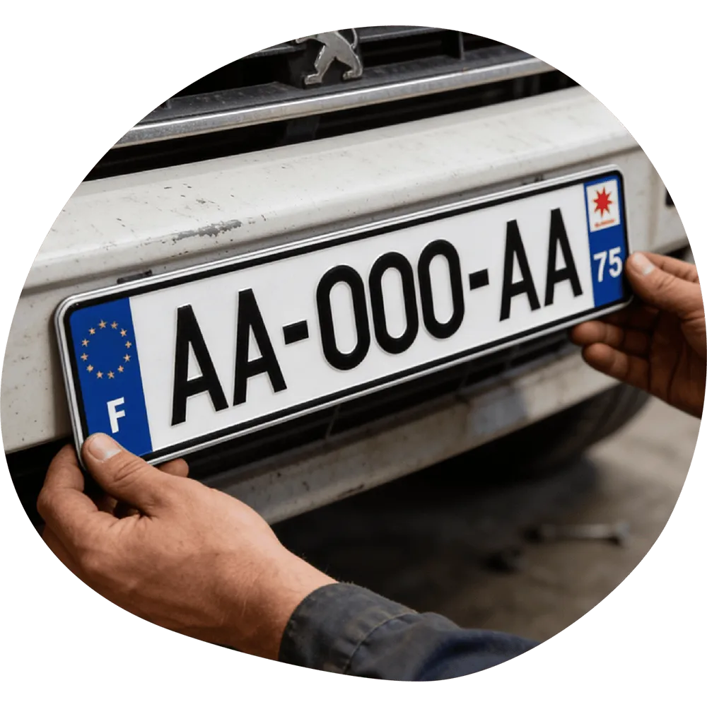pose d'une plaque d'immatriculation sur v&eacute;hicule par un professionnel